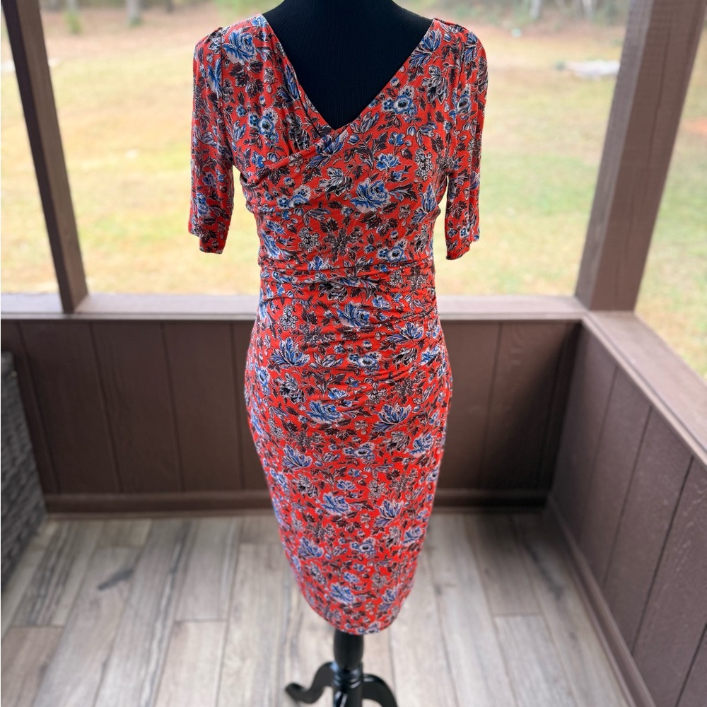 Boden Red and Blue Floral Midi Dress Elbow Sleeve 8R